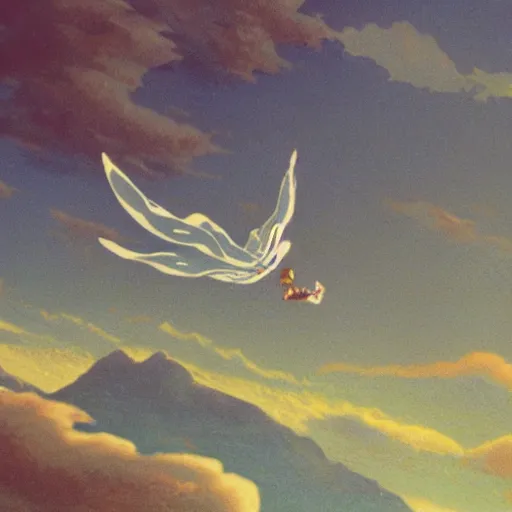 Image similar to A girl flying with a bird-shaped white glider over the clowds, Nausicaa of the Valley of the Wind, Miyazaki Hayao, ghibli style