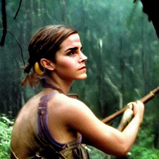 Prompt: film still, close up, portrait, emma watson soldier hiking through dense vietnam jungle, explosions, fires, black smoke, associated press, award winning, film still from apocalypse now ( 1 9 7 9 ), 2 6 mm, kodak ektachrome, blue tint ektachrome film,