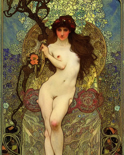 Image similar to an elf princess by Alphonse Mucha, Gustav Klimt and edgar maxence