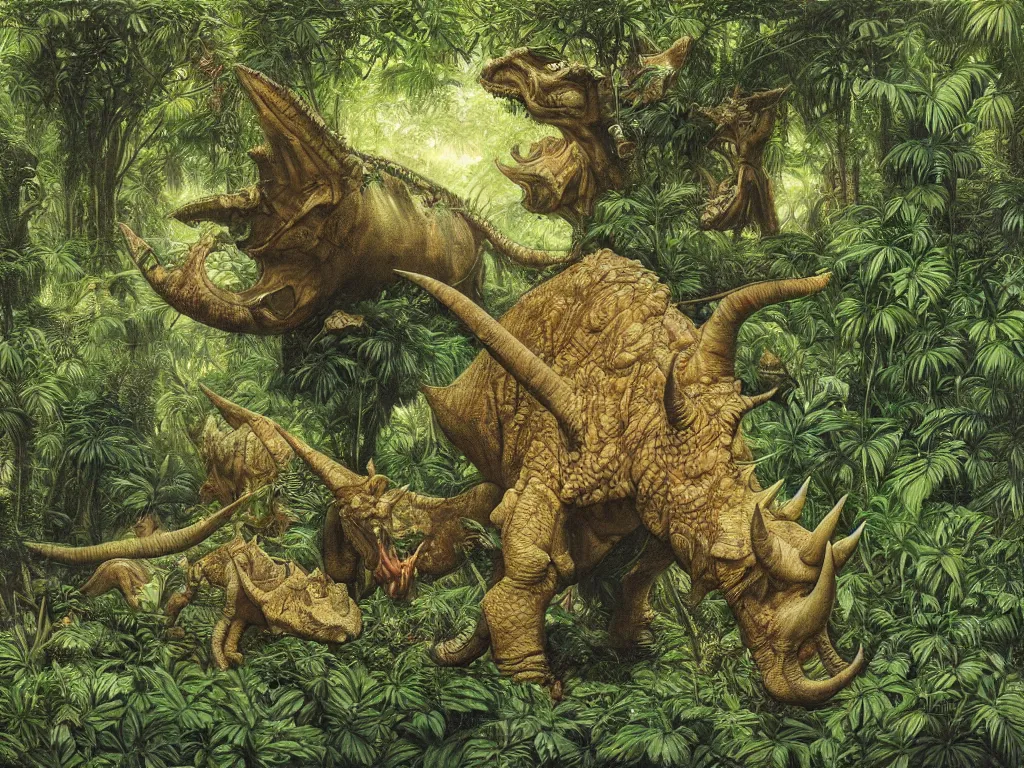 Prompt: a triceratops charging toward the viewer in a lush tropical jungle, fluid, smooth, bright, colours, high contrast, sharpness, very detailed, intricate, by donato giancola, gustave dore and junji ito
