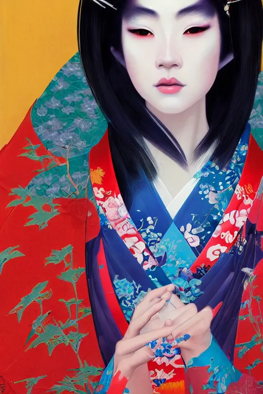 Image similar to a professional painting of a beautiful Japanese Geisha girl, in brightly colored kimono, long dark hair, beautiful bone structure, symmetrical facial features, intricate, elegant, digital painting, concept art, smooth, sharp focus, illustration, from StarCraft by Ruan Jia and Mandy Jurgens and Artgerm and William-Adolphe Bouguerea