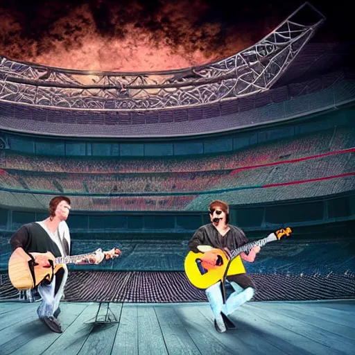 Prompt: realistic photograph of two mosquitos playing two guitars, on a stadium stage, in front of a large audience