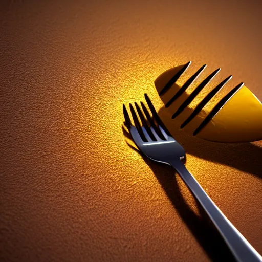 Image similar to A beautiful hyper realistic ultra detailed lifelike cinematic still of fork covered in dripping honey, unreal engine, deviantart, flickr, artstation, octane render, textured, colorful, extreme realistic detail, physically based rendering, pbr render, very detailed, volumetric lighting, detailed lighting, octane render, 4k, cinematic lighting, 8k resolution