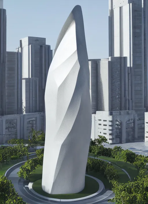 Image similar to highly detailed realistic architecture 3 d render of a huge high futuristic stele sculpture made of concrete in zaha hadid style standing in city park, archdaily, made in unreal engine 4 octane render