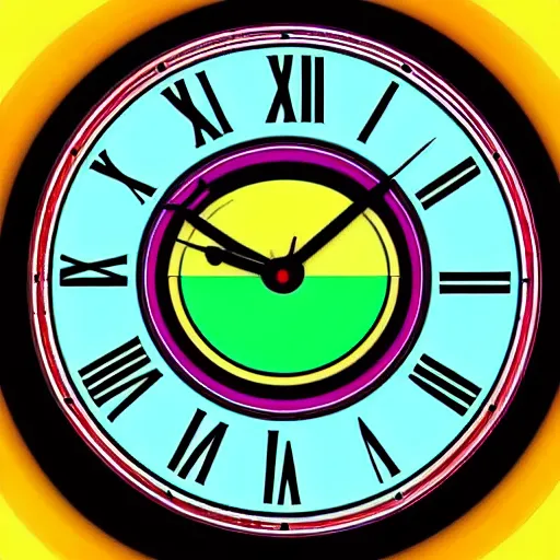 Prompt: a clock with eyes psychedelic rock album neon cover