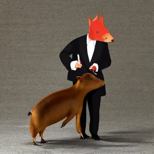 Image similar to smoking cigar, a man wearing a suit capybara head wearing a hat (smoking cigar)