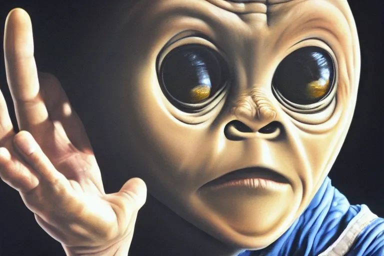 Image similar to e. t. the extra - terrestrial portrait in oil on black velvet, in frame, 4 k, hyper - realistic