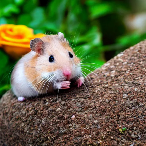 Image similar to detailed photo of a hamster holding roses, various poses, full body, unedited, daylight, dof 8 k