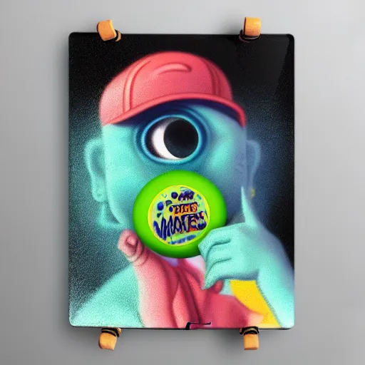 Prompt: lofi vaporwave portrait tennis ball monster skateboarding on a skateboard, chalk, pixar style, tristan eaton, stanley artgerm, tom bagshaw, basil gogos