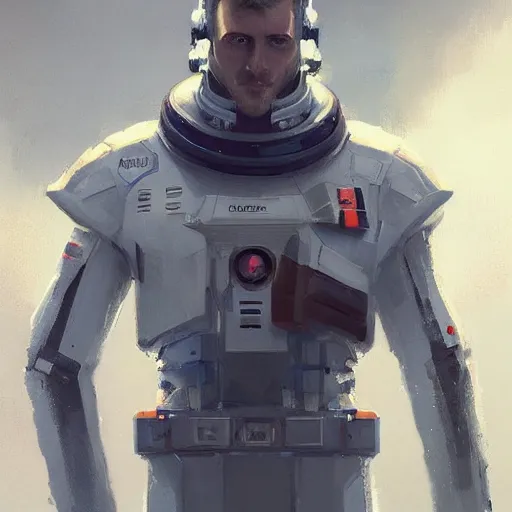 Image similar to portrait of a man by greg rutkowski, he is about 3 0 years old, short blond hair, athletic and strong, straight jaw, looking puzzled, wearing futuristic space gear, highly detailed portrait, digital painting, artstation, concept art, smooth, sharp foccus ilustration, artstation hq.