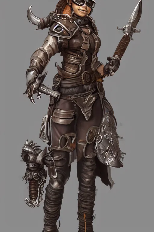 Image similar to full character image of : gender : female, race : orc, job : bounty hunter, weapon : katana, clothes : leather armor, accessories : goggles, body type : strong hair style : wavy, concept art, trending on artstation hd.