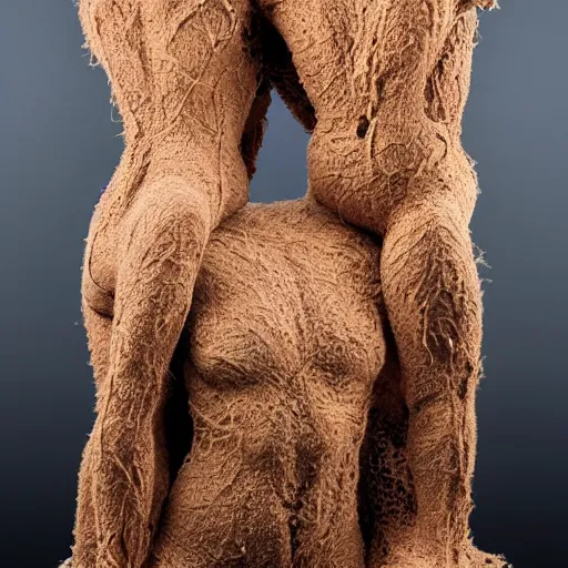 Image similar to dmt bodies. Mesh of human figures intertwined. earthen colors. The medium of this sculpture is human hair. A mess of human hair. Matted hair woven dreadlock sculpture. Tangled splitend hair. barbershop floor. Sculpted by August Rodine.