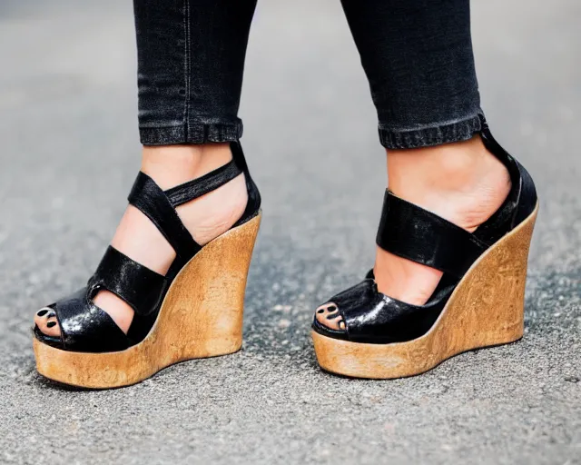 Prompt: a photo of a close up of very used well worn shiny black platform wedge sandals, chunky, top view, inprints of the toes are clearly visable, 8k