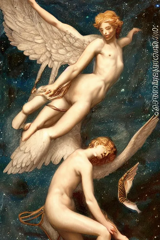 Image similar to angel falling to andromeda, very high resolution images, very fine details, very realistic, drawn by yulia iosilzon, and simone graci, plus a touch from raden pious in the depth of color and emotion