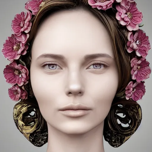 Image similar to beatifull face portrait of a woman, 150 mm, anatomical, flesh, flowers, mandelbrot fractal, facial muscles, veins, arteries, intricate, golden ratio, full frame, microscopic, elegant, highly detailed, ornate, ornament, sculpture, elegant , luxury, beautifully lit, ray trace, unreal, 3d, PBR, in the style of peter Gric , alex grey and Romero Ressendi