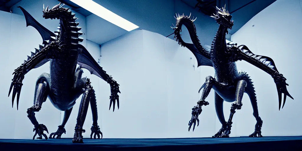 Prompt: star base, walking down the catwalk, stage, vogue photo, podium, fashion show photo, iris van herpen, beautiful woman, perfect body, full body shot, legendary dragon, inflateble shapes, masterpiece, guyver, giger, biomechanical details, denis villeneuve, movie still, cinestill, bokeh, artstation