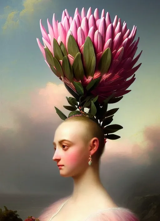 Image similar to stunning american godess princess, detailed pink and white protea head peace against a black backdrop by ivan aivazovsky, wlop, super sharp details, photorealism, canon 5 d, 5 0 mm lens, stunning photoshot, beautiful soft lighting, muted colours, artstation