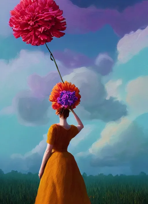 Image similar to portrait of a woman with a giant carnation as a face, flower field, surreal photography, sunset dramatic light, impressionist painting, colorful clouds, blue sky, digital painting, artstation, simon stalenhag