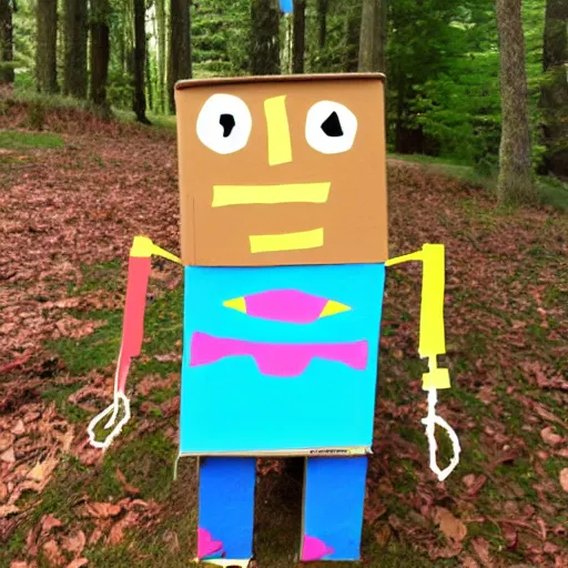 Image similar to robot made of a cardboard box, crayon face, walking through the forest