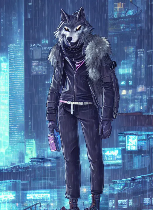 Image similar to character portrait of a male anthro wolf fursona with a tail and a cute beautiful attractive detailed furry face wearing stylish cyberpunk clothes in a cyberpunk city at night while it rains. hidari, color page, tankoban, 4K, tone mapping, Akihiko Yoshida.