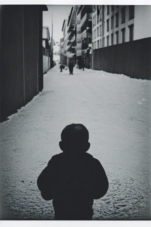 Image similar to photo polaroid of a sad and lonely child on a street in Greenland , melting ice, loneliness, black and white ,photorealistic, 35mm film,