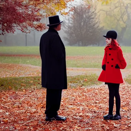 Prompt: A thin man in a black coat and bowler hat talks with small young girl dressed in a red coat and a red hat, park, autumn, Berlin, oil painting style, wide angle, high detail, width 768