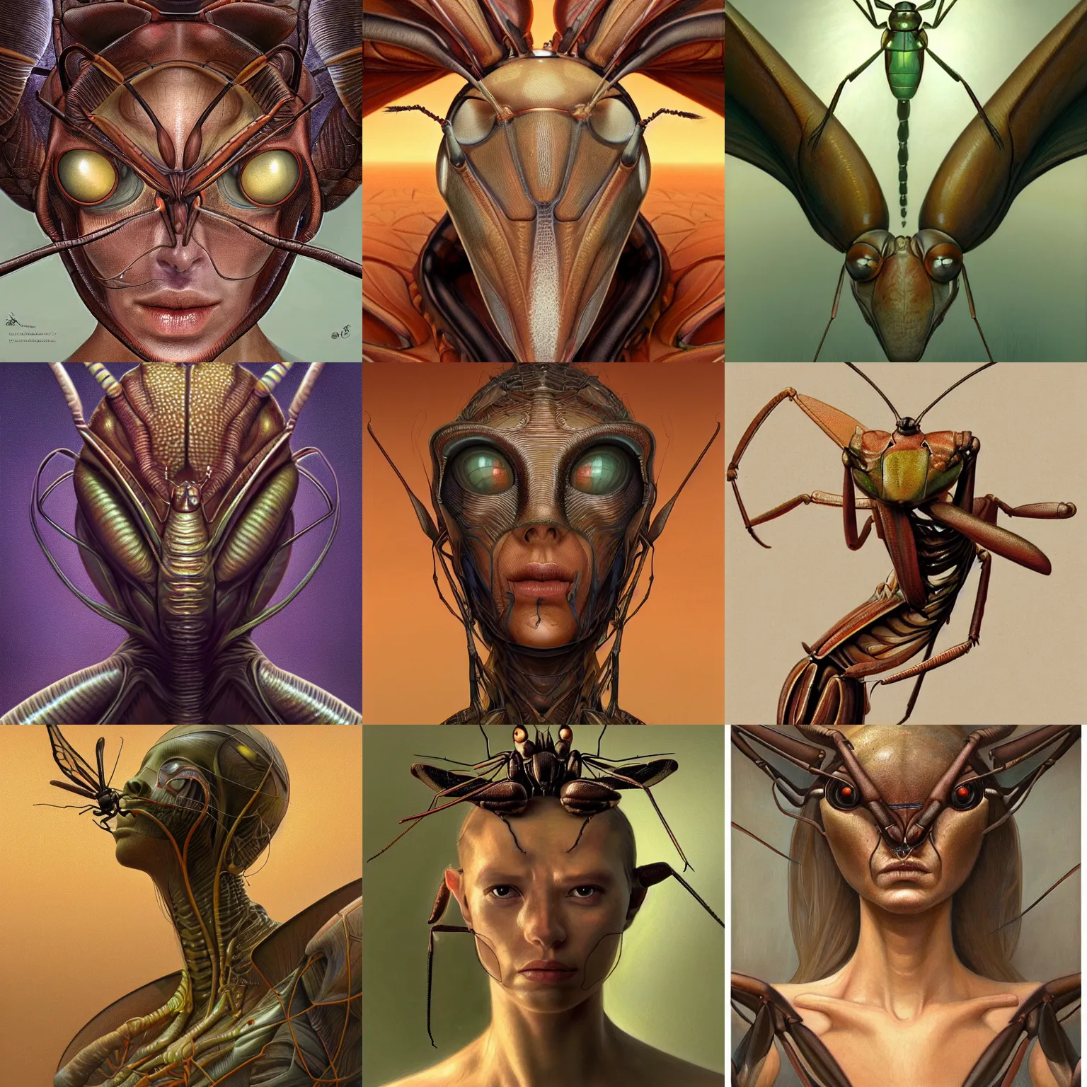 Prompt: portrait of an insectoid, praying mantis, brown exoskeleton, flat triangle - shaped head with thin thread - like antennae, compound eyes, concept art, deep focus, fantasy, intricate, highly detailed, digital painting, artstation, matte, sharp focus, illustration, art by artgerm and greg rutkowski and alphonse mucha