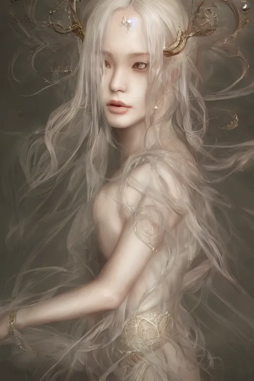 Image similar to a beautiful sorceress leaning with elegant looks, flowing robe, ornate and flowing, intricate and soft by miho hirano, ruan jia, yoshitaka amano, wlop, vray render, artstation, deviantart, pinterest, 5 0 0 px models