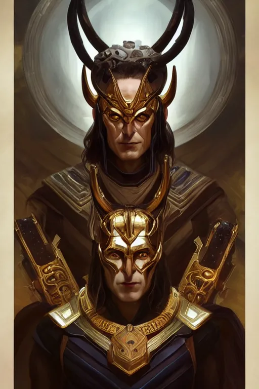 Image similar to symmetry!! portrait of loki in the style of god of war, machine parts embedded into face, intricate, elegant, highly detailed, digital painting, artstation, concept art, smooth, sharp focus, illustration, art by artgerm and greg rutkowski and alphonse mucha, 8 k