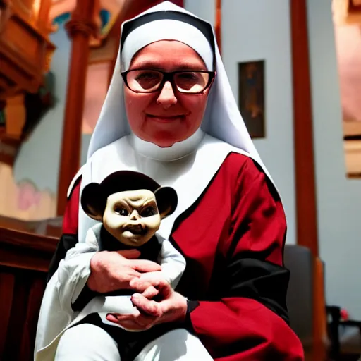 Image similar to a nun in church holding chucky the evil killer doll on her lap