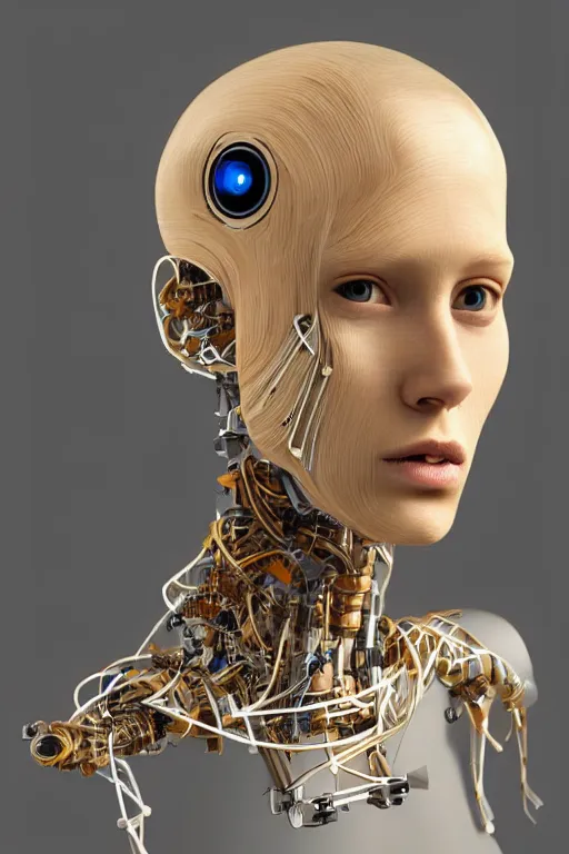 Image similar to robot with human face, female head, bust, woman human face, human face realistic, human head, human head with blonde hair, blonde hair human head, blonde hair, human realistic face, human head skin, cyborg frame concept, cyborg by ales-kotnik, sci-fi android female, the body is made of wires, robotic body, cyborg body, cyborg bust body, robot body cyborg