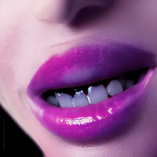 Prompt: close up sexy lips of vampire teeth exposed holding a single 9 mm bullet. purple lipgloss shiny by rhads, makoto shinkai and lois van baarle, ilya kuvshinov, rossdraws global illumination