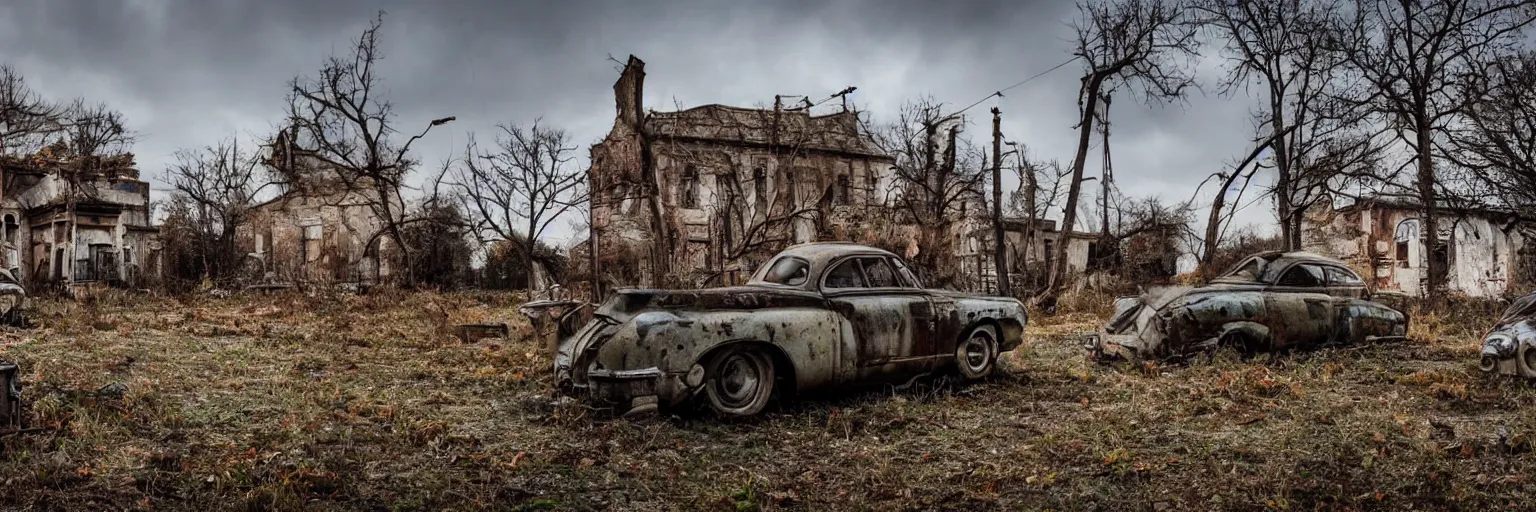 Prompt: low wide angle shot of dilapidated fallout 5 europa, retro futuristic overgrown euro rural town, desolate, dilapidated houses, few rusted retro futuristic vintage parked vehicles like cars, one shiny vintage motor, volumetric lighting, photorealistic, daytime, autumn, cold sunny weather, sharp focus, ultra detailed, 4 2 0 0 k