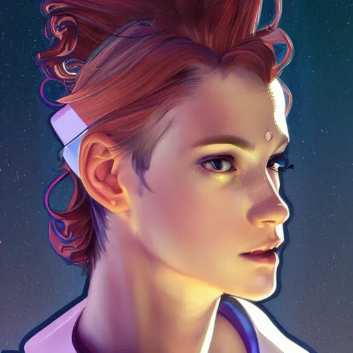 Prompt: portrait of a beautiful androgynous cyberpunk space ranger, tomboy style, soft lightning, high detailed, 8 k, artstation, by lane brown, by alphonse mucha, by sora kim, by helena nikulina,