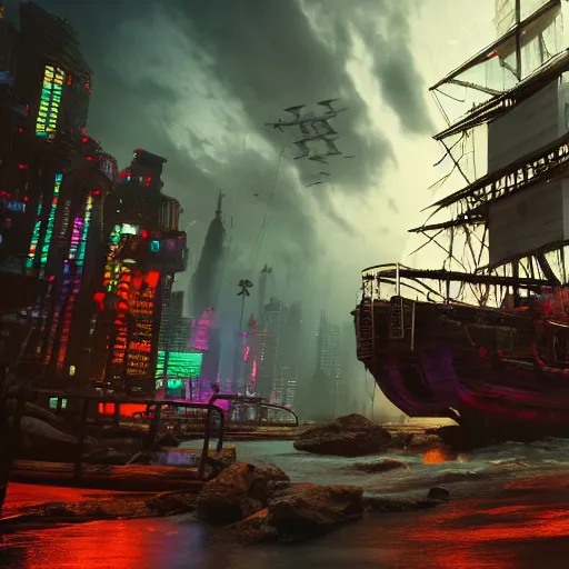 Image similar to high quality photo of a pirate ship in a cyberpunk cyberpunk cyberpunk city, realism, 8k, award winning photo