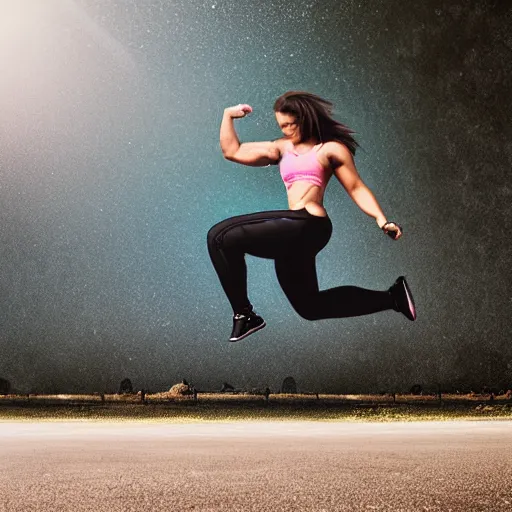 Image similar to car jump, jumping bodybuilder, woman is throwing, road, photo, digital art, hands, underbody car, car'stire, throw