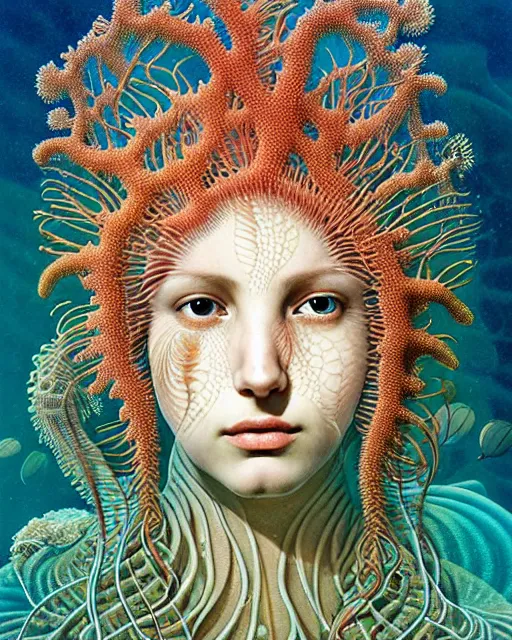 Prompt: realistic detailed underwater face portrait of the beutiful young goddess of the fish of the fractal waters with an intricate headdress of corals, sea kelp, sea plants, coral reef, fish, jellyfish, art by ernst haeckel, zdzisław beksinski, hieronymus bosch, gothic, neo - gothic, ornamental, beautiful deep colours,