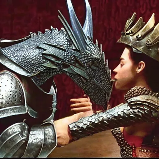 Image similar to A knight kissing a dragon. Detailed amazing wellmade movie still