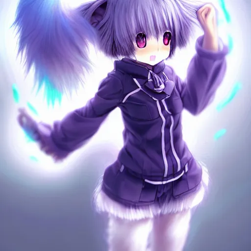 Image similar to advanced full body digital anime art, cute anime female dog hybrid, short white hair, purple watery eyes, dog paws for arms and legs and a big dog tail , full round face :: cinematic lighting, rim lighting, very highly intricately detailed, trending on pixiv :: Steven Artgerm Lau, WLOP, RossDraws, RuanJia, James Jean, Andrei Riabovitchev, Totorrl, Marc Simonetti, Visual Key, and Sakimichan