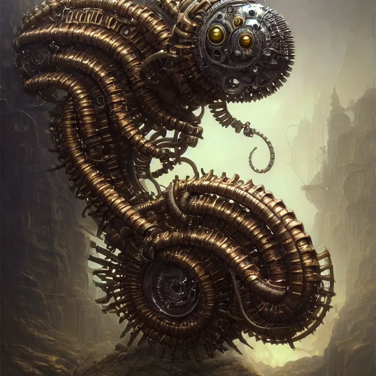 Prompt: steampunk robot millipede, unreal engine realistic render, 8 k, micro detail, intricate, elegant, highly detailed, centered, digital painting, artstation, smooth, sharp focus, illustration, artgerm, tomasz alen kopera, peter mohrbacher, donato giancola, joseph christian leyendecker, wlop, boris vallejo