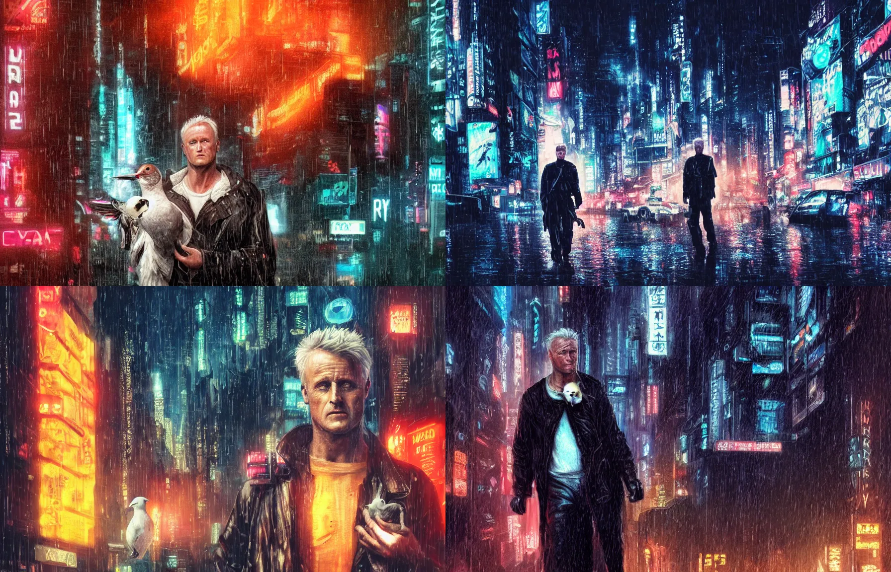 Prompt: Portrait of Roy Batty holding a white dove clutched to his chest, Bladerunner, tears in the rain, hyper-detailed, cyberpunk, dystopian city skyline at night, colorful neon signs, 4k ultra hd, trending on artstation, fantasy dark art