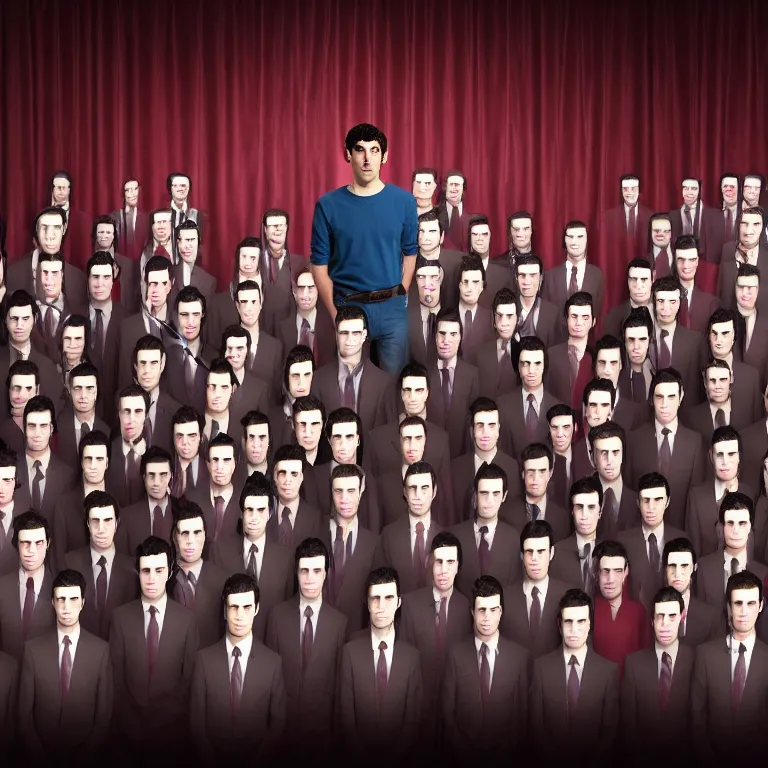 Image similar to focused dslr medium shot photograph of nathan fielder standing in front of dozens of nathan fielder clones on puppet strings from nathan for you on comedy central on a stage with a red curtain, meta, fractal, trippy, high detail!!! 8 k!!!!, photorealism!!!, sharp focus!!! coherent!!!