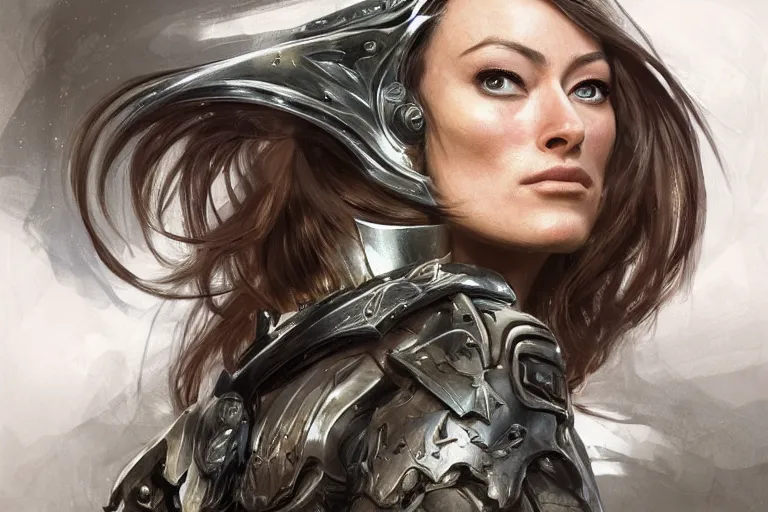 Image similar to a finely detailed portrait of Olivia Wilde, clothed in battle armor, olive skin, long dark hair, beautiful bone structure, symmetrical facial features, intricate, elegant, digital painting, trending on Artstation, concept art, smooth, sharp focus, illustration, from Metal Gear by Ruan Jia and Mandy Jurgens and Artgerm and and william-adolphe bouguerea, award winning