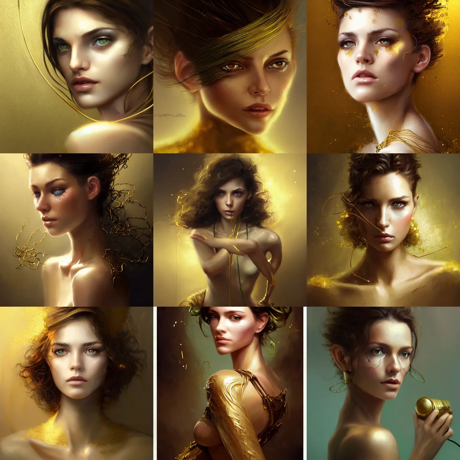 Prompt: beautiful young woman, green eyes, short brown hair, thin gold wire, digital painting, extremely detailed, 4 k, intricate, brush strokes, mark arian, janusz jurek, johanna martine, artgerm, bastien lecouffe - deharme, peter mohrbacher