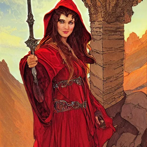 Prompt: esther the elven desert bandit. Red robes. Epic portrait by james gurney and Alfonso mucha (lotr, witcher 3, dnd).