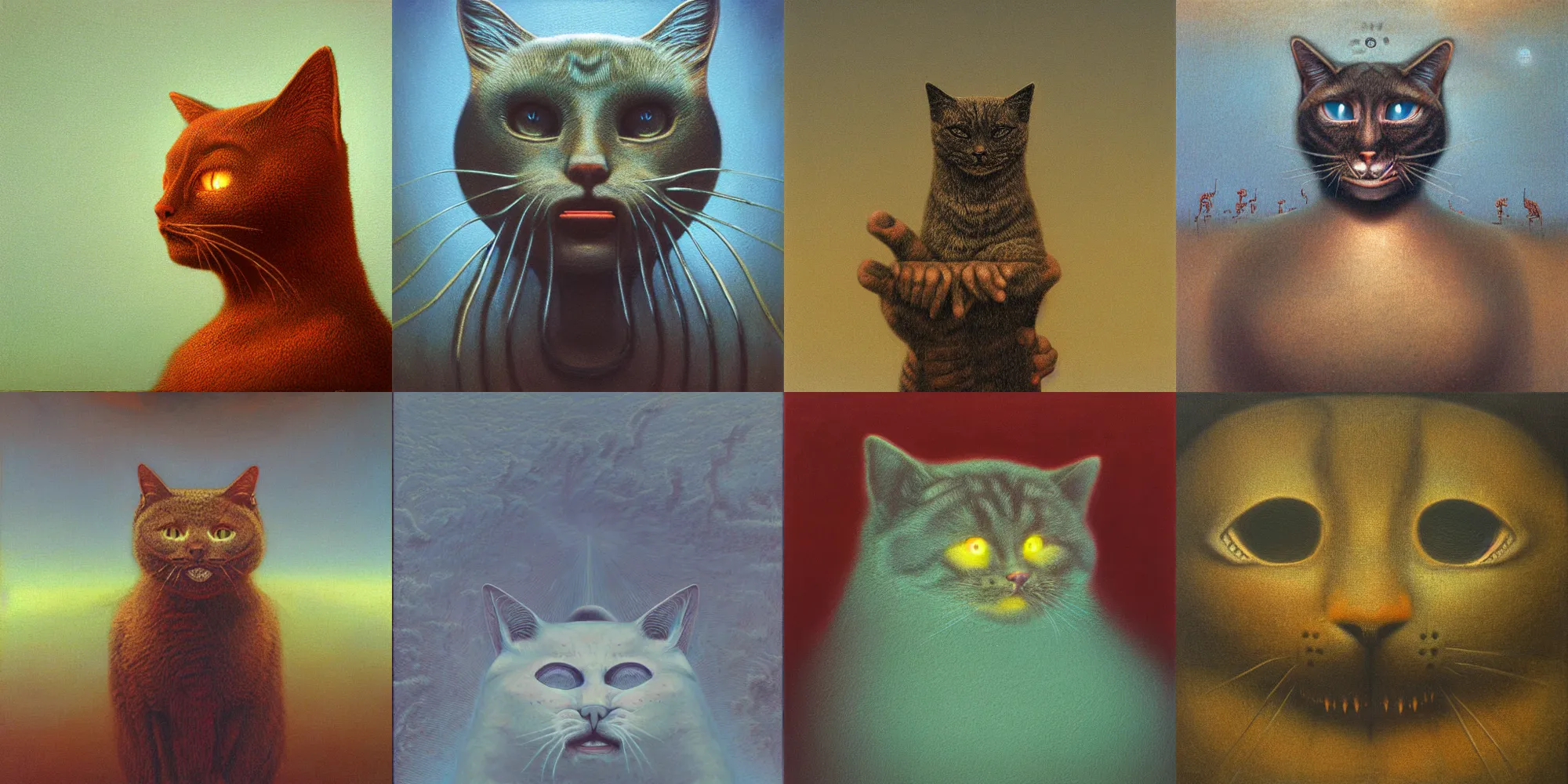 Prompt: grinning cat, HD, award winning, in style of beksinski, film grain, medium format, 8k resolution, oil on canvas