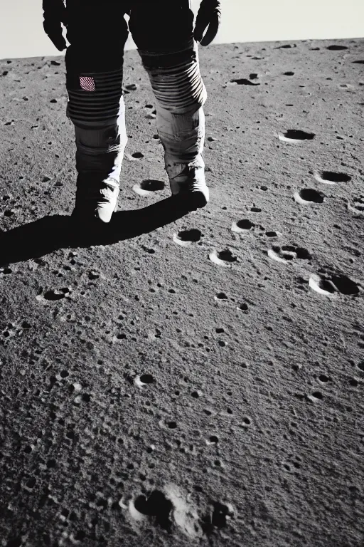 Image similar to a full body photography of an astronaut walking on the surface of the moon, bottom - view, focus on his foot, photography, photo - shot, shooting, cinematic lighting, 8 k