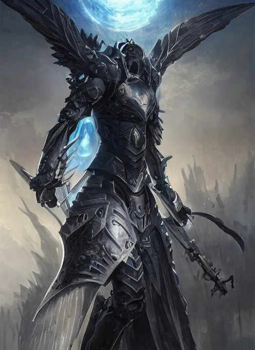 Prompt: dark seraphim knight in light armor wielding a magical lance slaying a sky beast full body silhouette. dark water, cyberpunk pearl armor, futuristic fantasy, highly detailed, digital painting, trending on artstation, concept art, sharp focus, illustration, art by artgerm and nixeu and greg rutkowski and magali villeneuve.