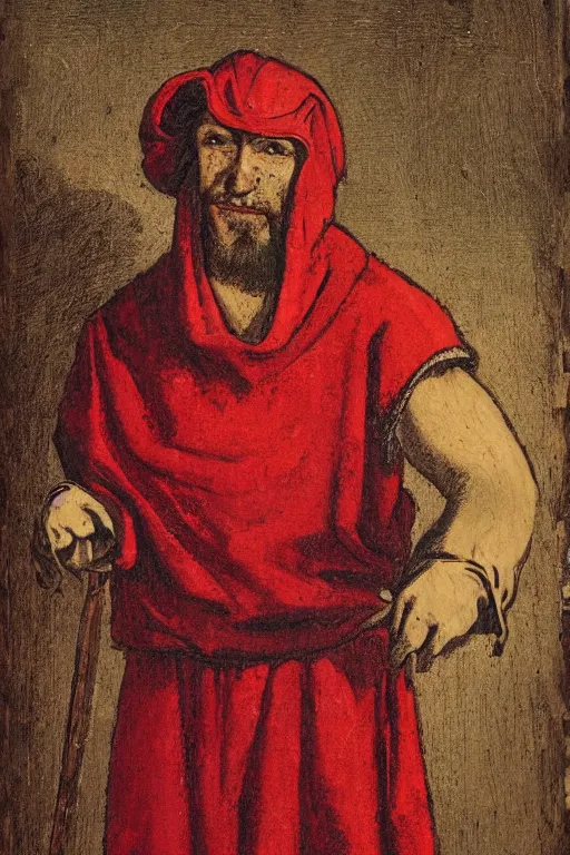 Prompt: medieval man wearing a red potato sack over his head, bloody, looking at the camera