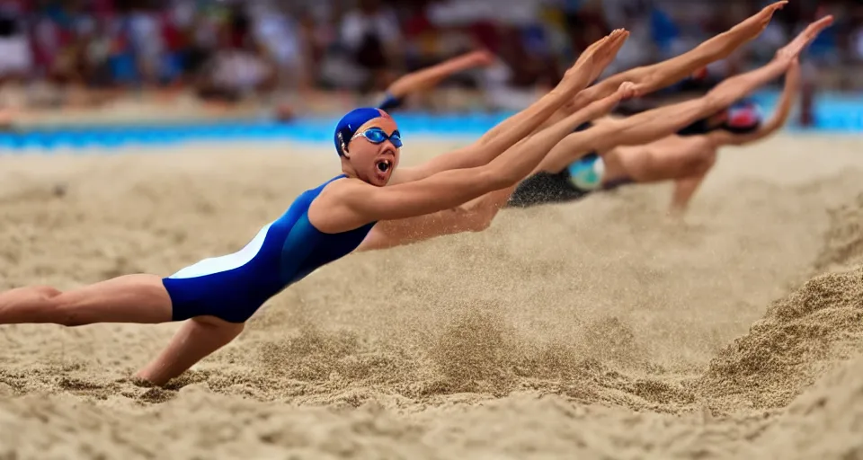 Image similar to olympic swimming in sand instead of water, extremely coherent